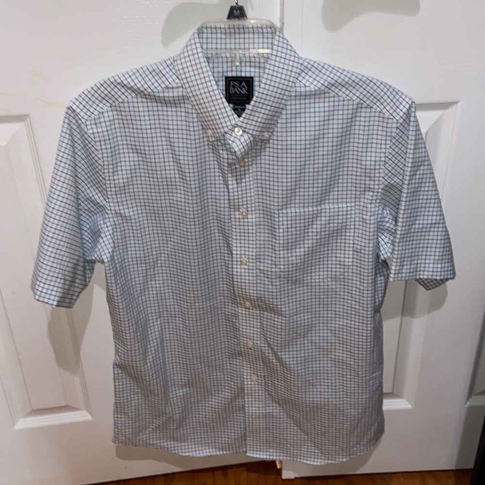 Jos. A. Bank Men’s Blue, Purple, & White Short-Sleeve Button Down Casual Shirt M